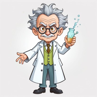 A cartoon scientist holds a beaker with bubbling liquid