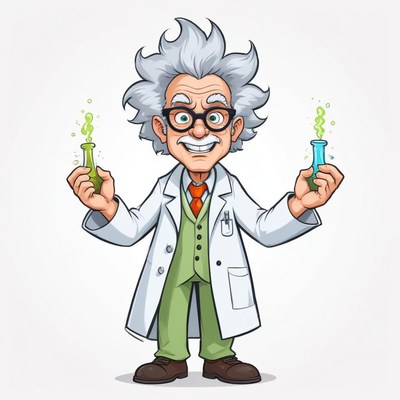 A cartoon scientist holds two beakers