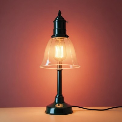 A black lamp with a glass shade sits on a table