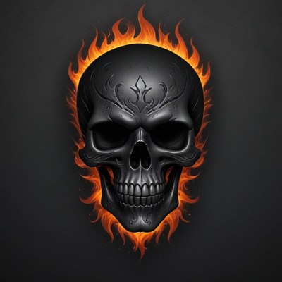 A black skull surrounded by flames