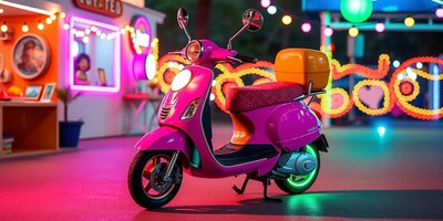 A pink scooter parked at night under colorful lights