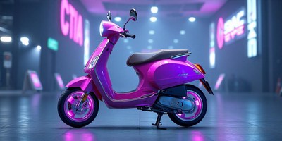 A pink scooter with neon lights is parked in a city