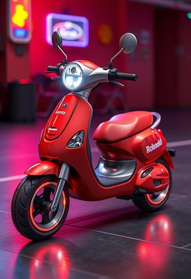 A red electric scooter is parked in a brightly lit room