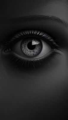 A close-up of a grey eye with long eyelashes
