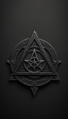 A black, intricate symbol on a dark background