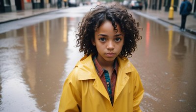 A young girl stands in a wet city street
