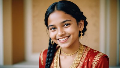 A young girl smiles in a red dress