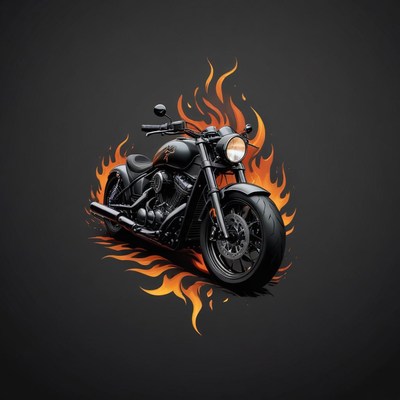 A black motorcycle with flames behind it