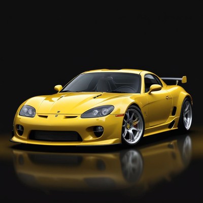 A yellow sports car sits on a black background