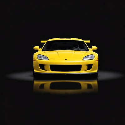 A yellow sports car sits on a black background