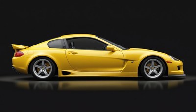 A yellow sports car is parked on a black background