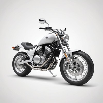 A white motorcycle sits on a white background