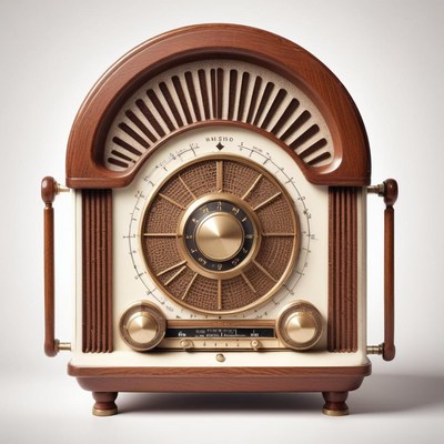 A vintage radio sits on a white surface