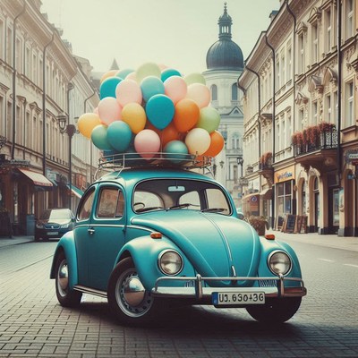 Blue car with balloons drives through a european city