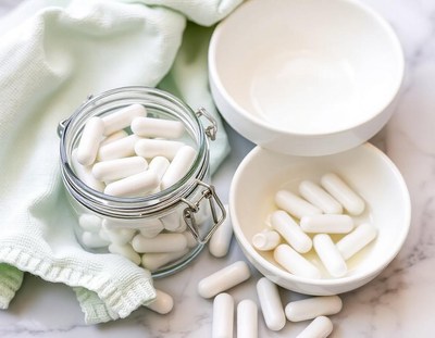 White capsules in a glass jar on a marble surface
