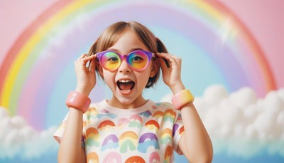 A girl smiles and poses in front of a rainbow backdrop