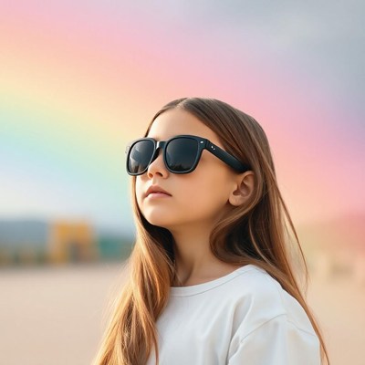 A girl wearing sunglasses looks up at a rainbow