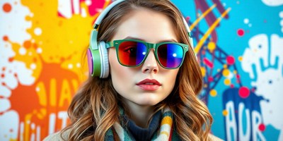 Woman in headphones and sunglasses by a colorful wall