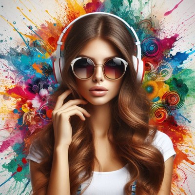 Woman in headphones and sunglasses against a bright backdrop