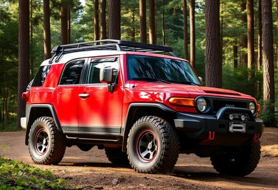 A red suv drives through a forest