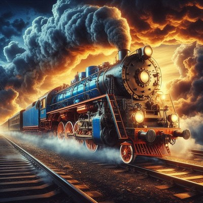 A blue train speeds through the countryside