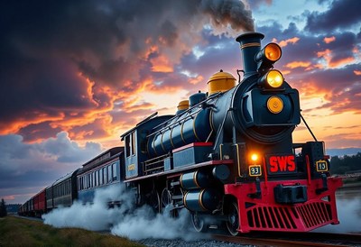 A steam locomotive travels through the countryside at sunset