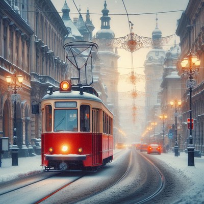 A red tram travels through a snowy european city