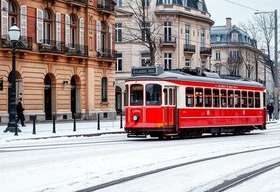 A red tram travels down a snowy street in europe