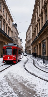 A red tram travels down a snowy street in a european city