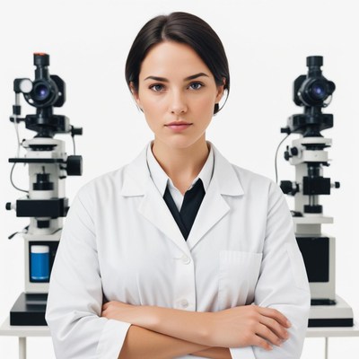 A woman in a lab coat stands in front of two microscopes