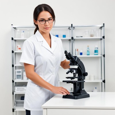 A woman in a lab coat stands by a microscope