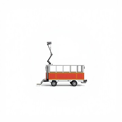 A red and white tram is parked on a white background