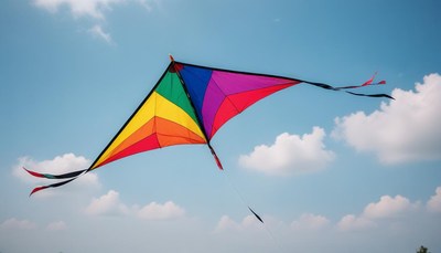 A colorful kite flies against a blue sky
