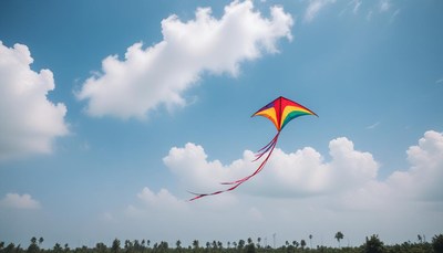 A colorful kite flies high in the sky