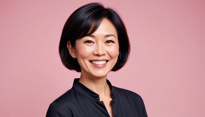 A woman smiles at the camera in front of a pink background