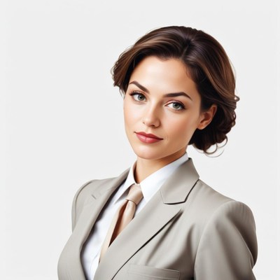 A woman in a gray suit looks confidently at the camera