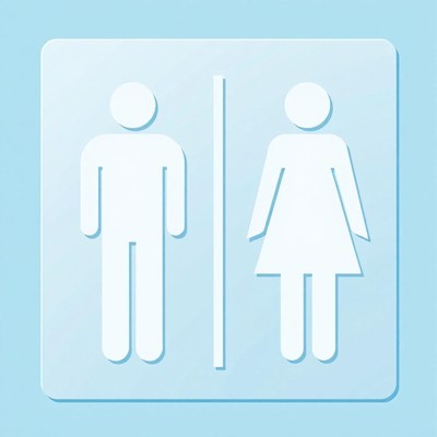 A blue restroom sign with white symbols