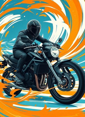 A rider speeds through a colorful swirl on a motorcycle