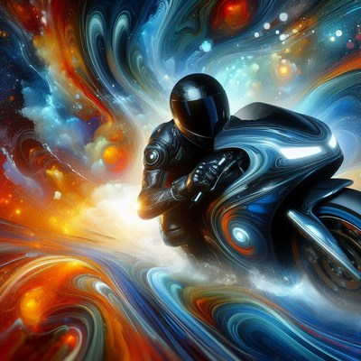 A rider speeds through a colorful galaxy
