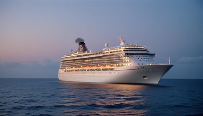 A large cruise ship sails across the ocean at dusk