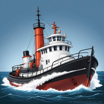 A red and black tugboat sails on the ocean