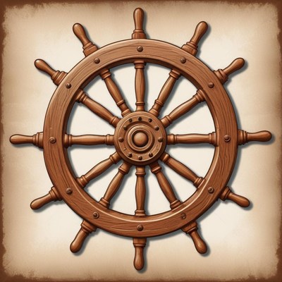 A wooden ship's wheel against a beige background