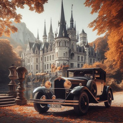 A vintage car parked in front of a grand castle