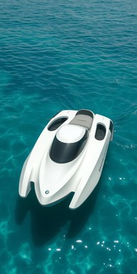 A white boat floats on the calm blue water