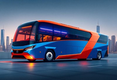 A modern blue and orange bus sits in front of a city skyline