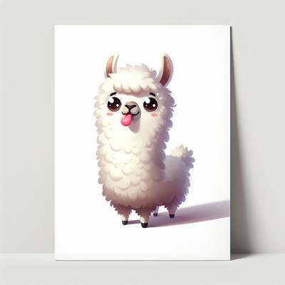 A cute, white llama sticks out its tongue