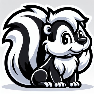 A cartoon skunk sits with a happy smile