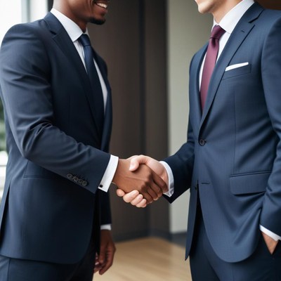 Two men shake hands in a business setting