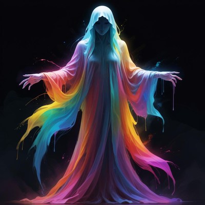 A woman in a rainbow robe stands against a black background