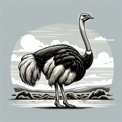 An ostrich stands in a field under a cloudy sky